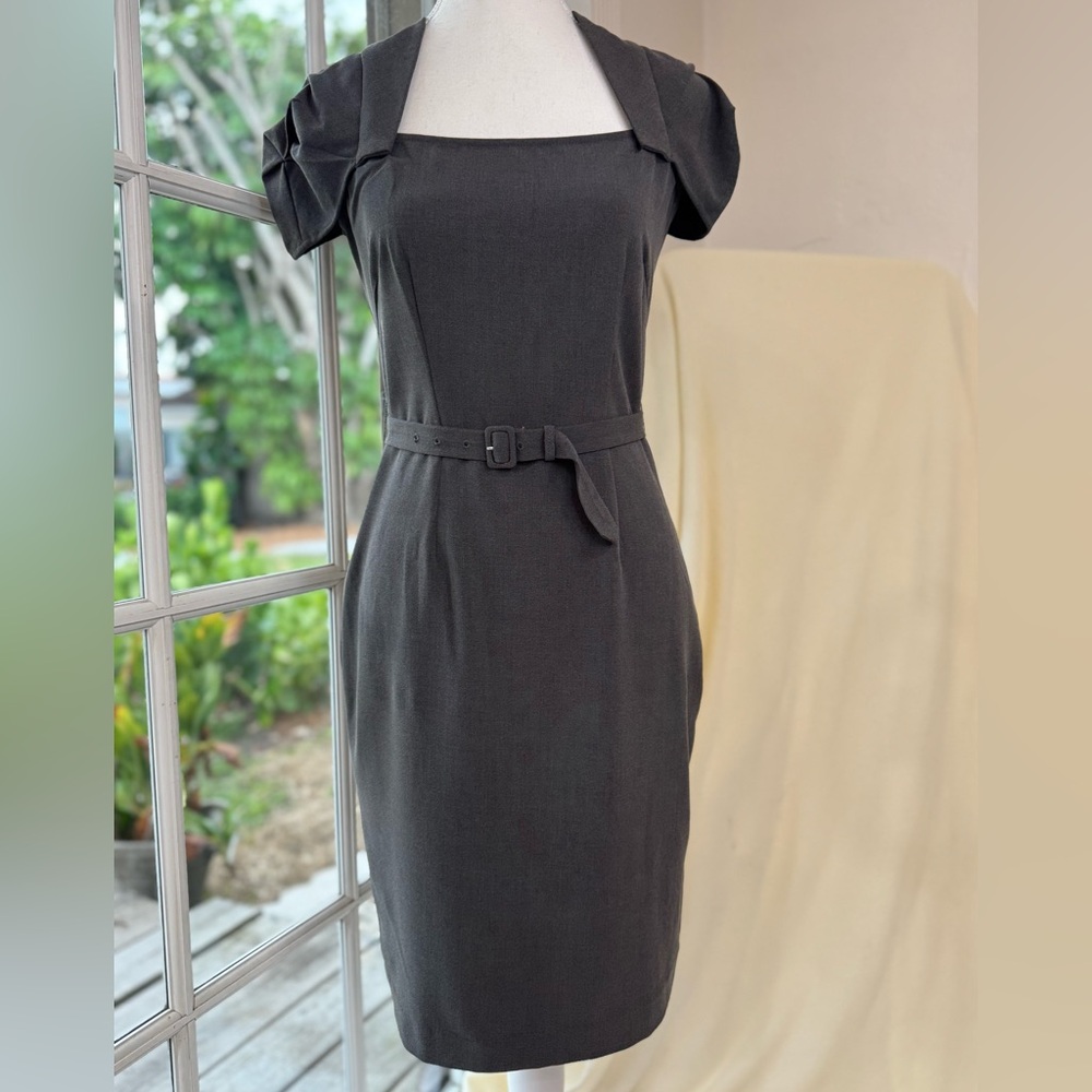 Gray Sheath Dress with Square Neck and Flutter Cap Sleeves Size 4